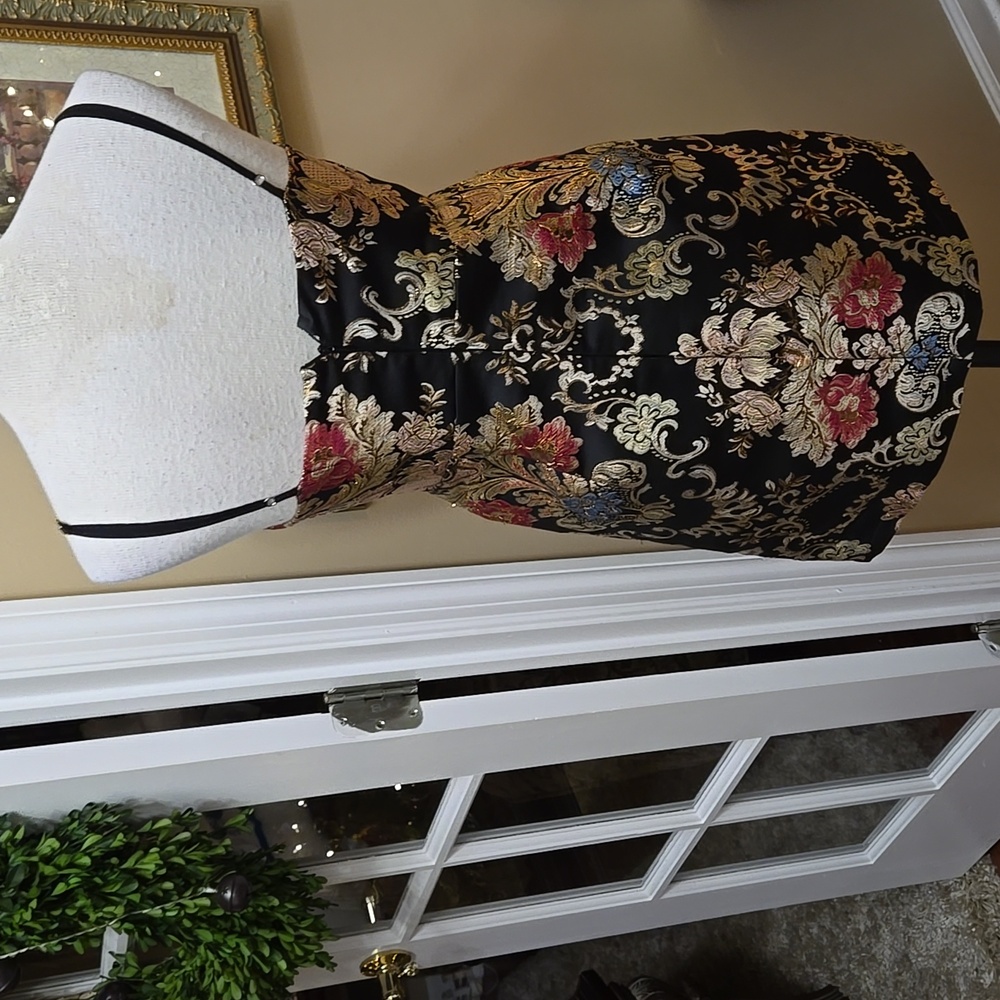 fab'rik Black Metallic Gold W/Rose Blue Embroidered Mini Dress Spaghetti Strap M - Picture 5 of 6